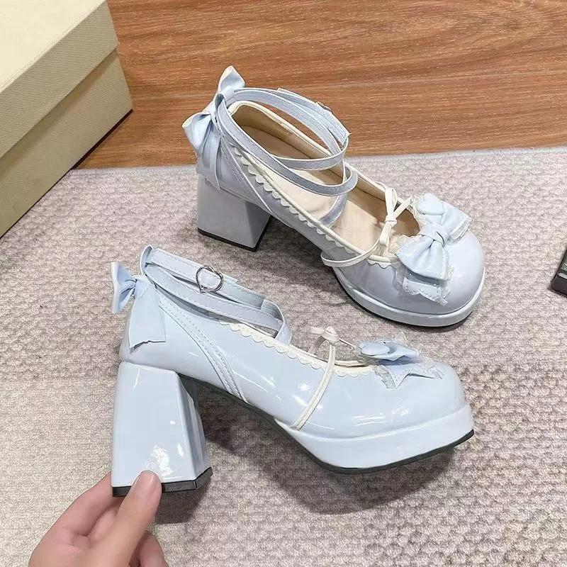 Cross Strap Women High Heels Mary Jane Pumps Party Wedding Cosplay Beige Blue Bow Princess Cosplay Lolita Shoes 2025