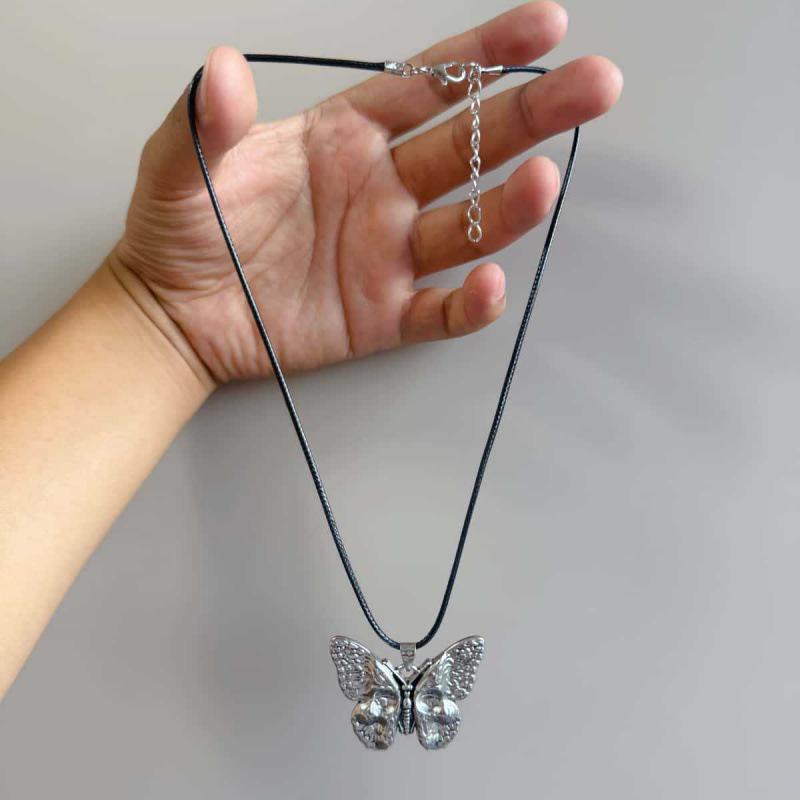 Gothic Skull Butterfly Pendant Necklace - Punk Style Alloy Sweater Accessory