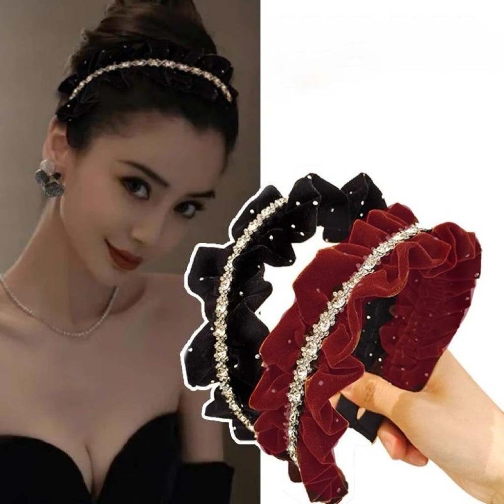 Sweet Velvet Pleated Hair Hoop Elegant Women Sequin Hairband Shiny Rhinestone Headband  Banquet