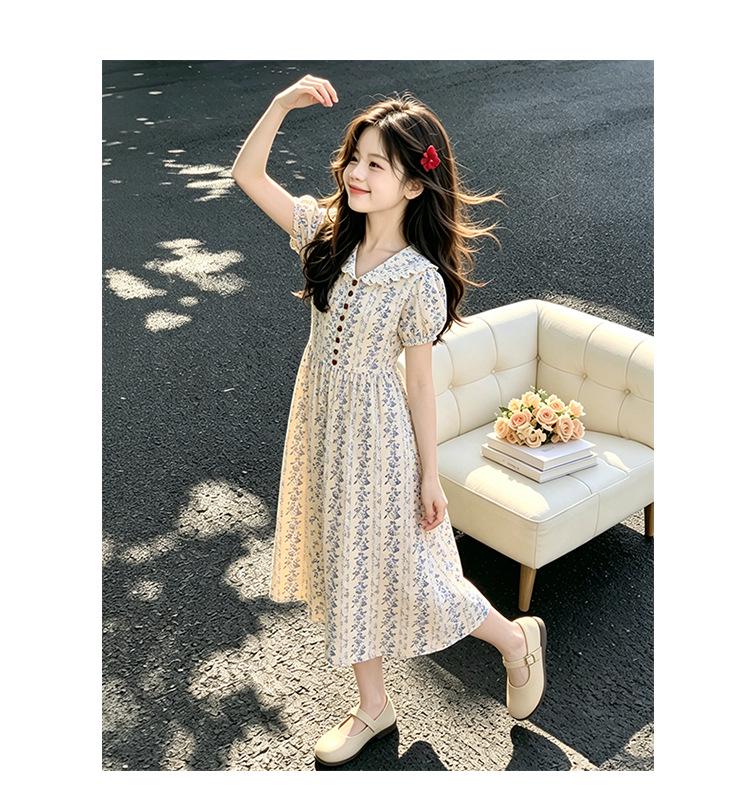 Girl's Elegant Blue & White Floral Lapel Summer Dress 2026