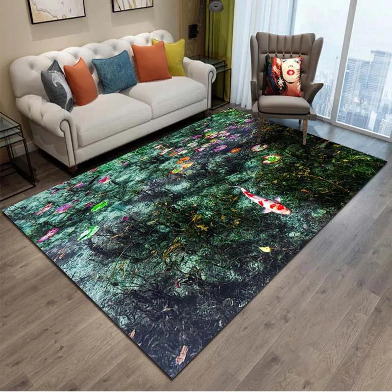 Chinesischer Koi Karpfen Tuschemalerei Glücksteppich Rosa Kirschblüten Teppich für Wohnzimmer Schlafzimmer Heimdeko Fußmatte Bodenmatten