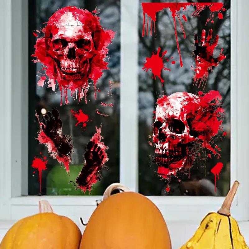 Halloween Horror Skull Head Blood Palm Print Home Atmosphere Decoration Glass Window Static Window Stickers