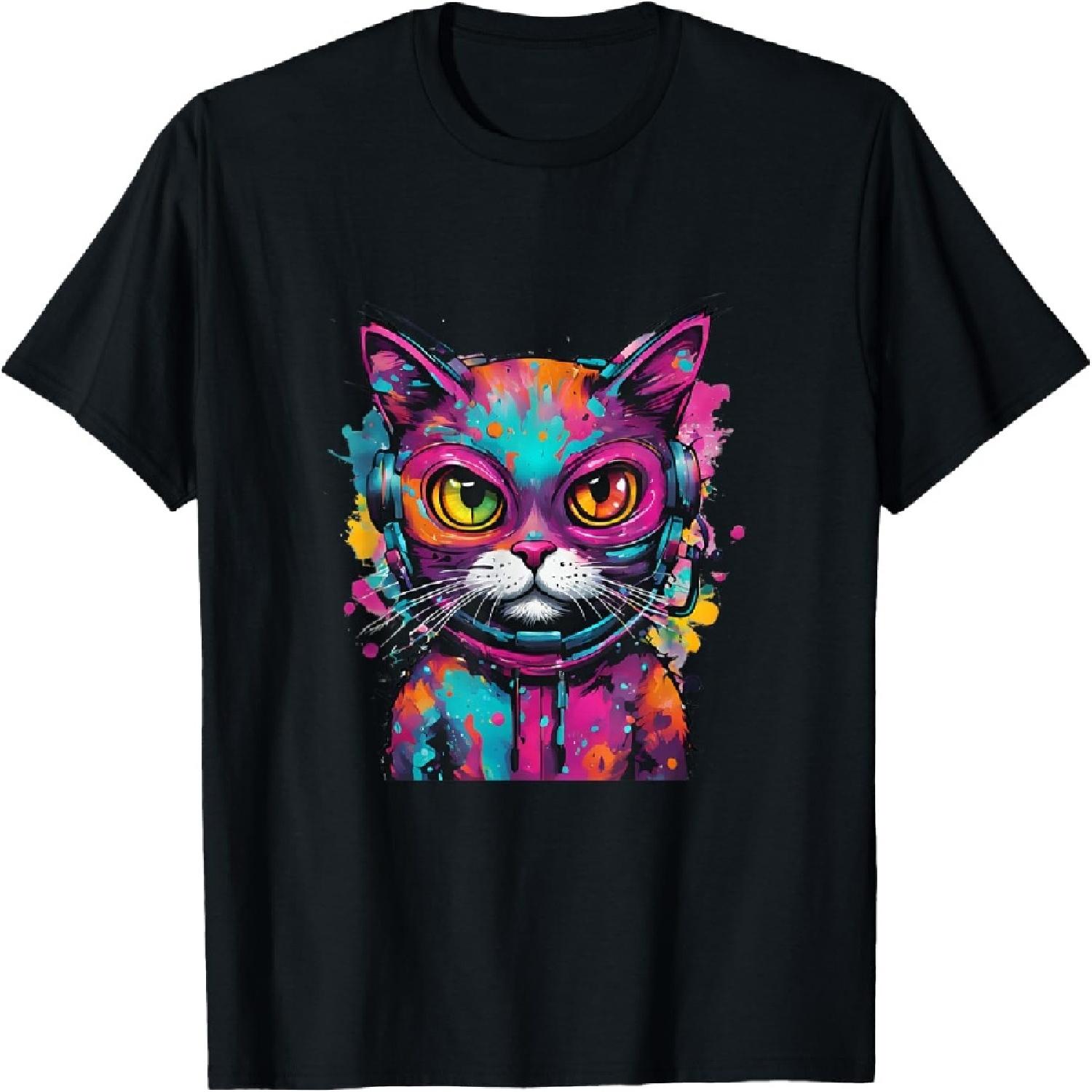 Disco DJ Kitty Graffiti Abstract Colorful Club Cat T-Shirt S