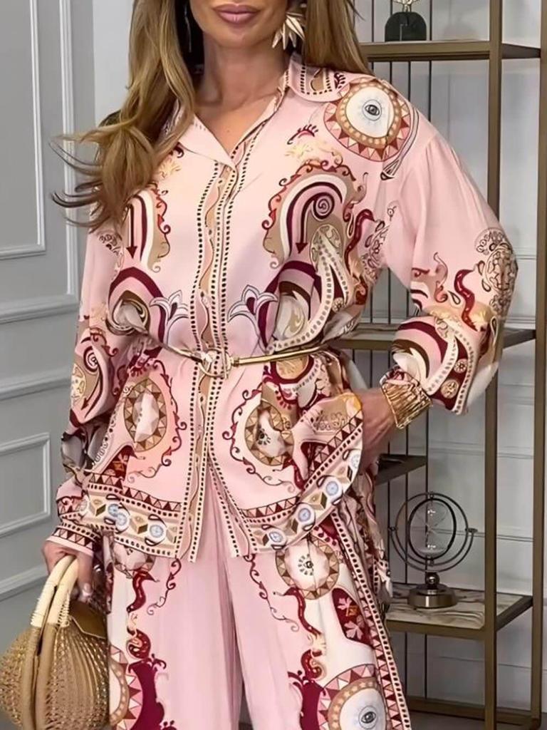 2025 Women's Graffiti Print Two-Piece Set: Turn-Down Collar Shirt & Long Pants