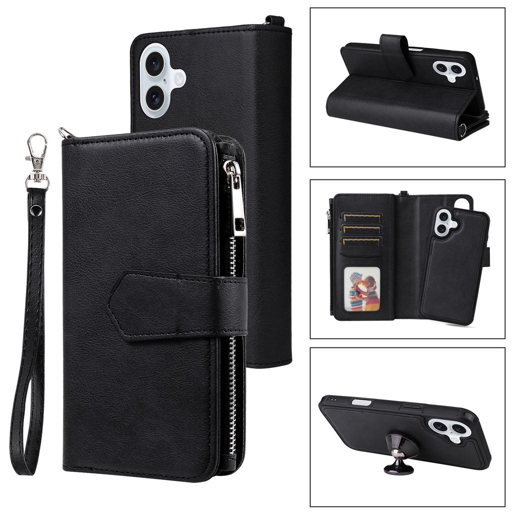 For iPhone 16 Plus Magnetic Leather Case Mobile Cover with Detachable Zipper Wallet Strap