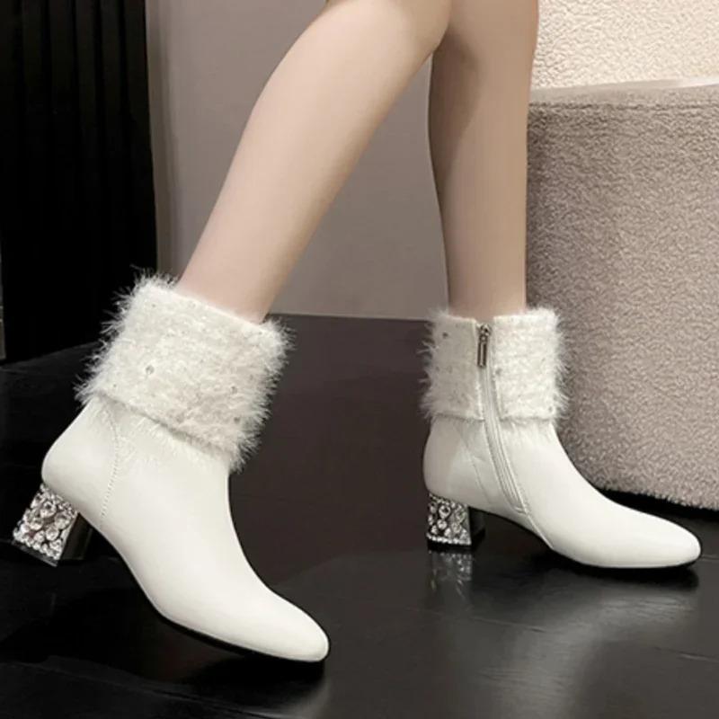 Damen Stiefeletten Kristall Fell Leder Hohe Absätze Schuhe Frau 2025 Trend Spitz Zehenbereich Klobig Mode Elegant Winter Botas De Mujer