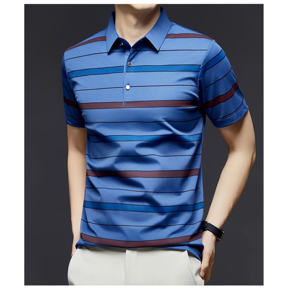 Short Sleeved Men's Polo Shirt Summer New Business Casual Striped Thin Ice Silk T-shirt Base Shirt
