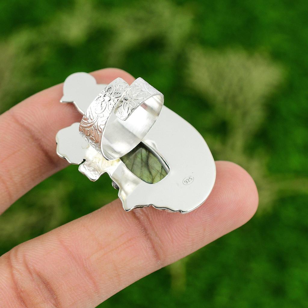 Gift For Her 925 Silver Natural Labradorite Multi Stone Bird Adjustable Ring