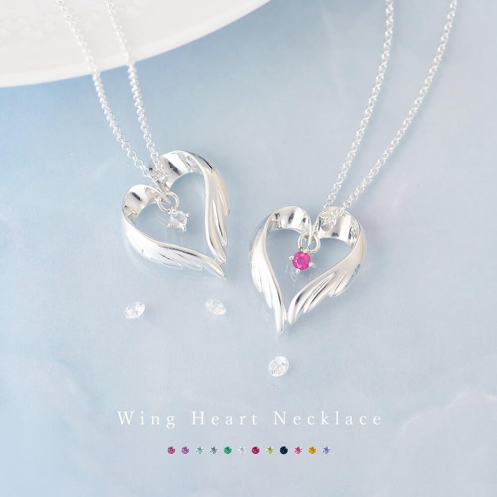 Future Choose from 12 heart and feather silver pendant necklace for women Rhodolite Angel birthstones, design, (January Garnet)