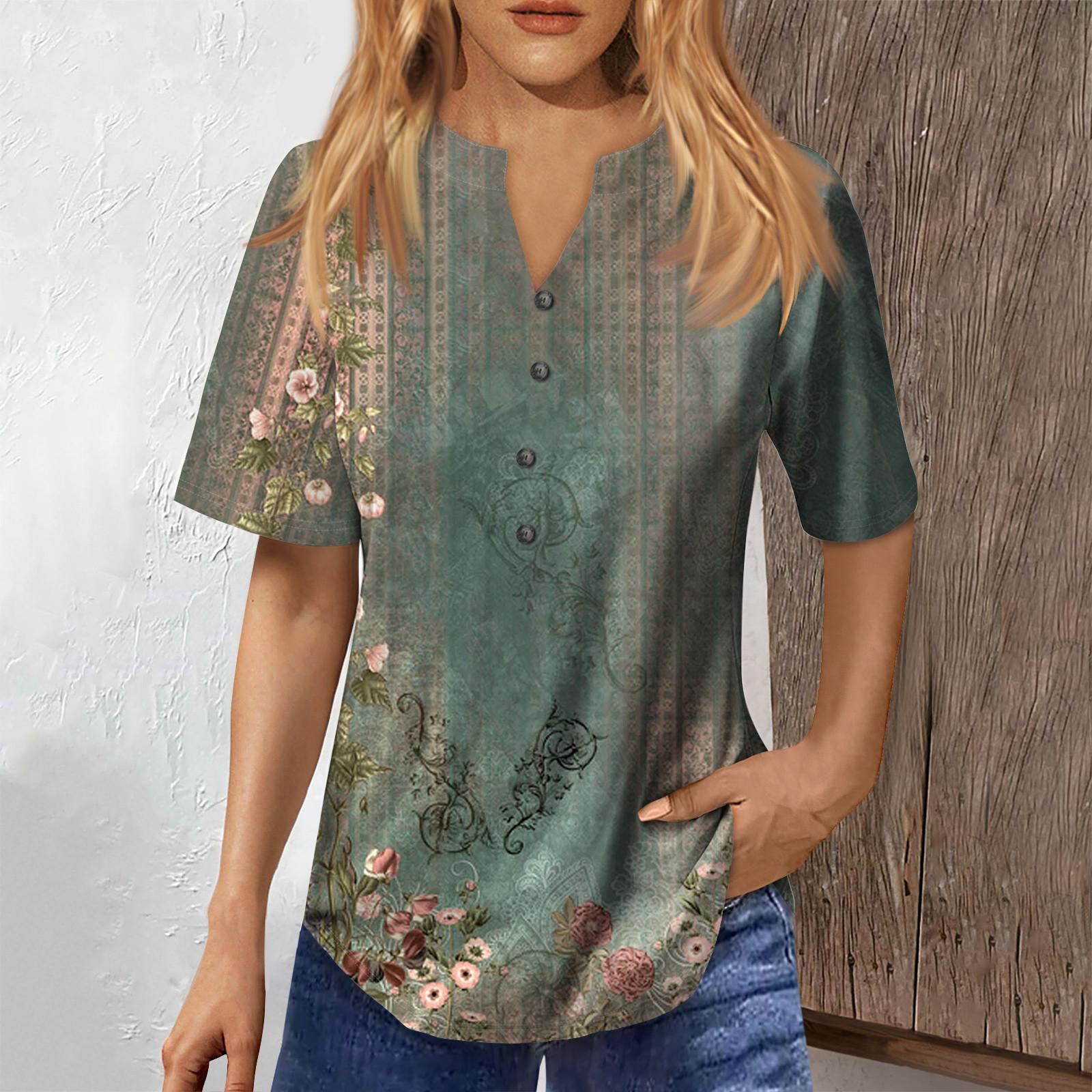 Fashionable Women s Loose Summer V-Neck Button-Down Short Sleeve Casual Dressy Top XL