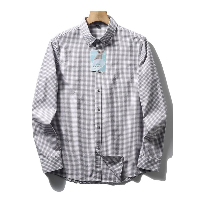 Japanese-Style Retro Pure Cotton Blue Small Plaid Shirt Men's Spring & Fall Long Sleeve Inner Wear Export Cattle Goods Cotton Non-Ironing Shirt