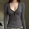 New American Style V-Neck Casual Solid Color Button Patchwork Slimming T-shirt for Spring & Summer