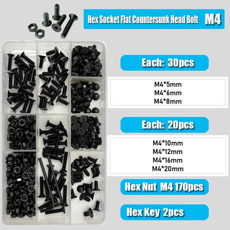 Countersunk Flat Head Hex Bolt Nut Set Kit M2 M3 M4 M5 M6 Black Grade 10.9 Steel Hex Hexagon Socket Countersunk Head Allen Screw