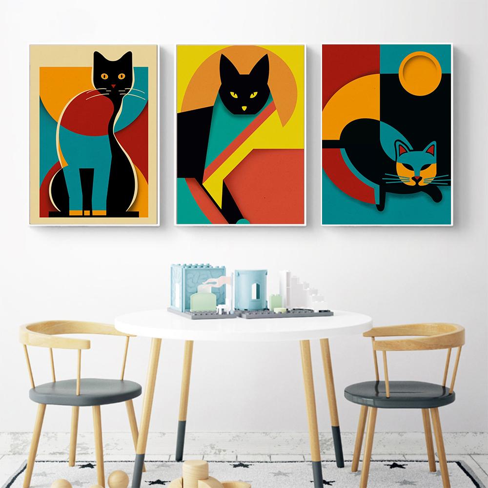 Geometric Bauhaus Cats Art Posters and Prints Modern Vinatge Abstraction Art Canvas Painting Wall Art Picture Home Decoration
