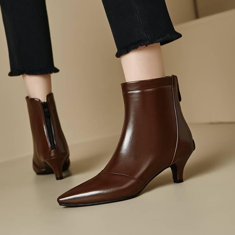 Korean Version of Mid-heel Back Zipper Women's Fashion Shoes Solid Color Pointed-toed Stiletto Mid-tube Boots Autumn and Winter Patent Leather Fashi