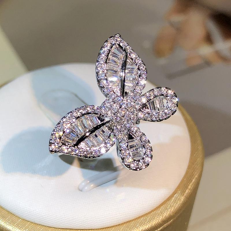 Sterling Silver Exquisite Big Butterfly White Zircon Ring Full Of Diamonds For Ladies Jewelry Party Wedding Birthday Gift