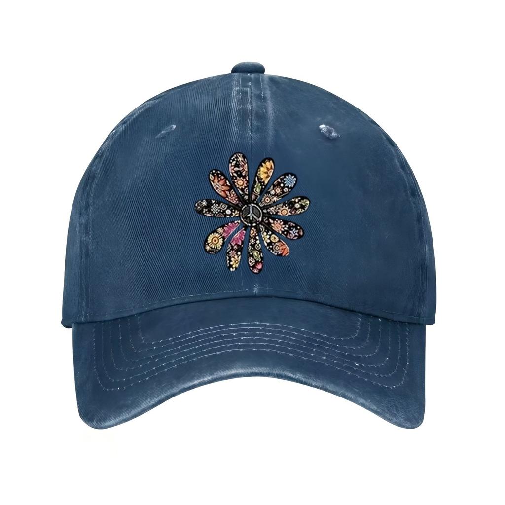 Peace Sign Flower Print Baseball Cap Distressed Cotton Adjustable Casual Hat for Adult Unisex