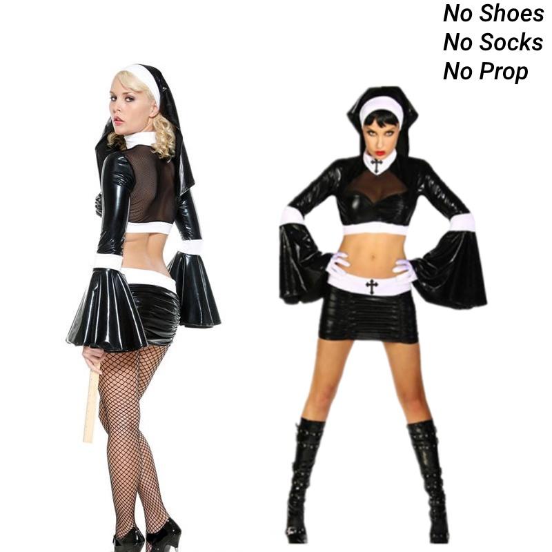 Coated Halloween Split Nun Sexy Cosplay Costume Set Black Skirt Perform Party