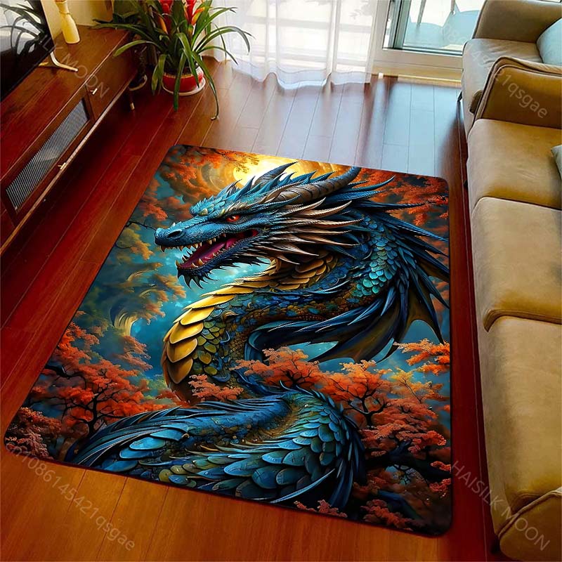1PC Blue Dragon Coiled In Forest Print Carpet Rug for Living Room Bedroom Sofa Doormat Home Decor Non-slip Floor Mat