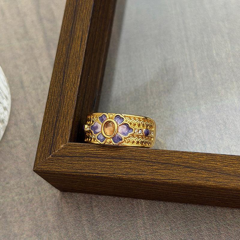Medieval Vintage Court Style Light Luxury Retro Flower Auspicious Cloud Purple Enamel Open Ring Niche Stacked Wearing Woman