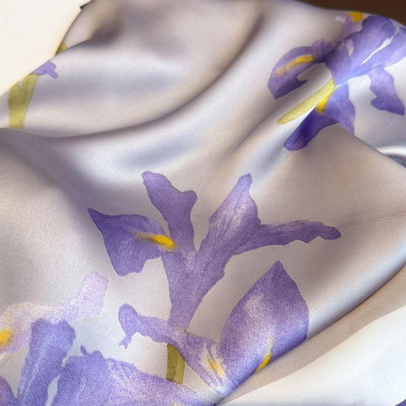 Printed Silk Scarf | Women's Square Scarf with Purple Floral Patterns Elegant Decorative Little Neckerchief Silky-Smooth Texture