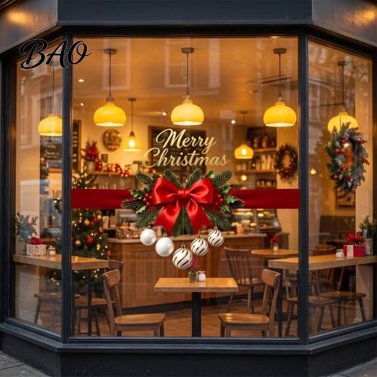 Festive Ribbon Bow Stickers Gold Merry Christmas Window Clings, Decorative PVC Decals for Holiday Bows Windows Home Glass Decor, Waterproof Removable