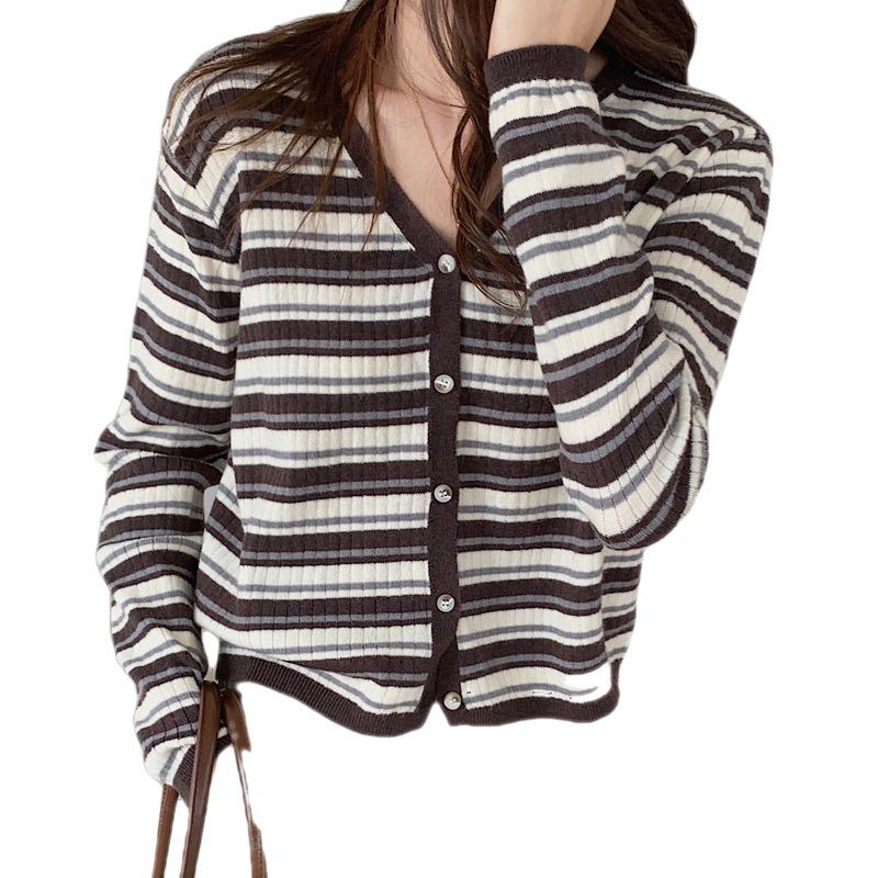 Plus Size Women's Retro Striped Knit Cardigan Loose Fit Sweater