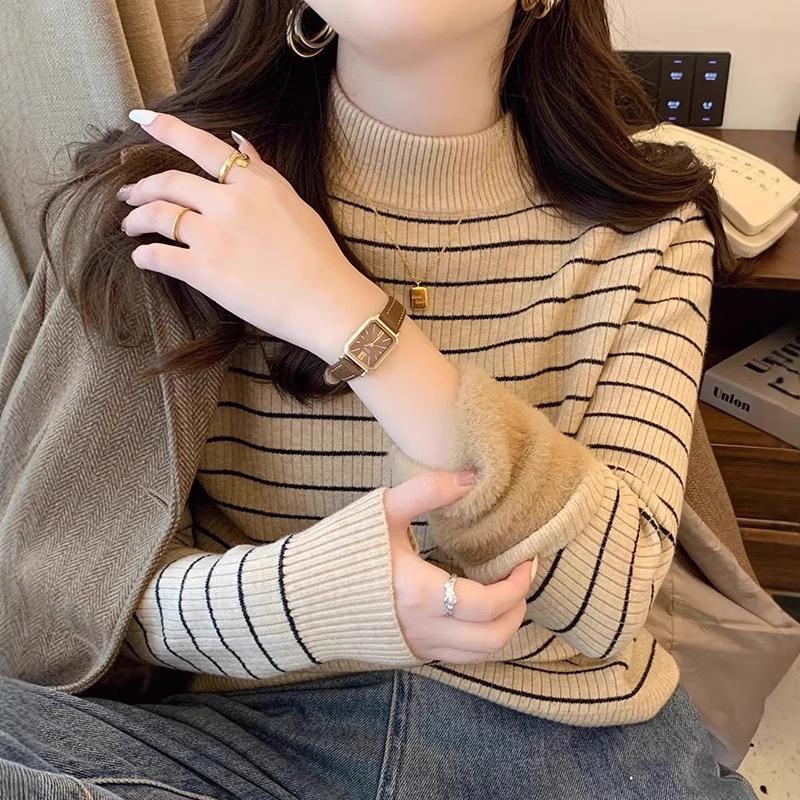 Women's Autumn Winter Thickened Striped Sweater with Integrated Fleece Fabric Half-High Neck Base Layer Top