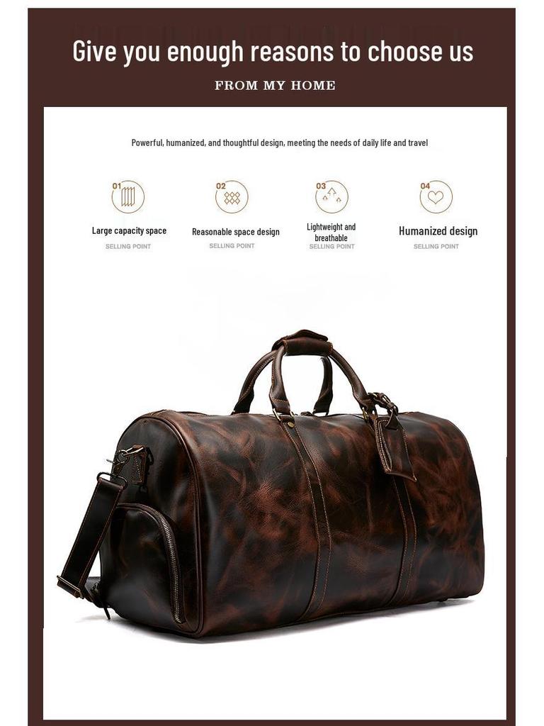 Men's Leather Travel Bag with Shoe Compartment - Vintage Crossbody Carry-On