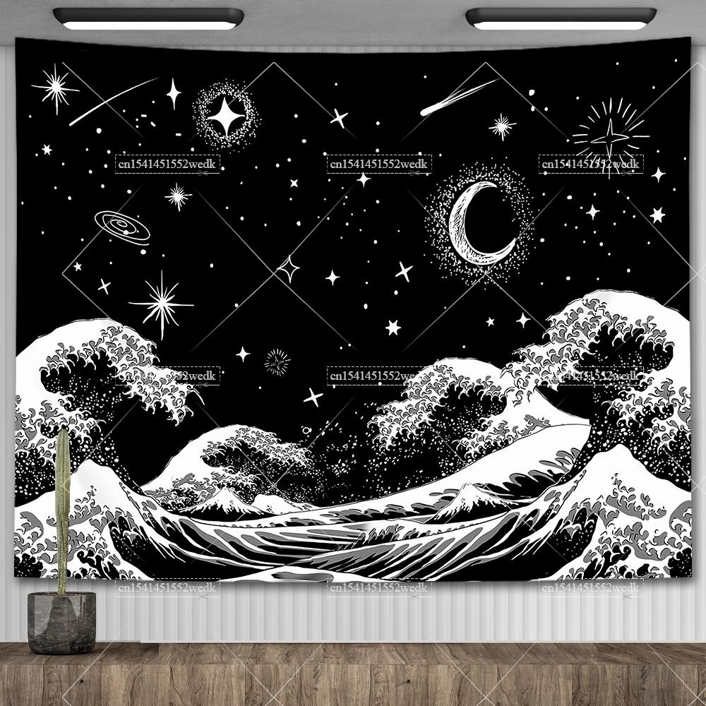 Boho Mountain Tapestry Landscape Tapestry Moon Starry Night Wall Hanging Tapestry Aesthetic Room Decor Backdrops Yoga Meditation
