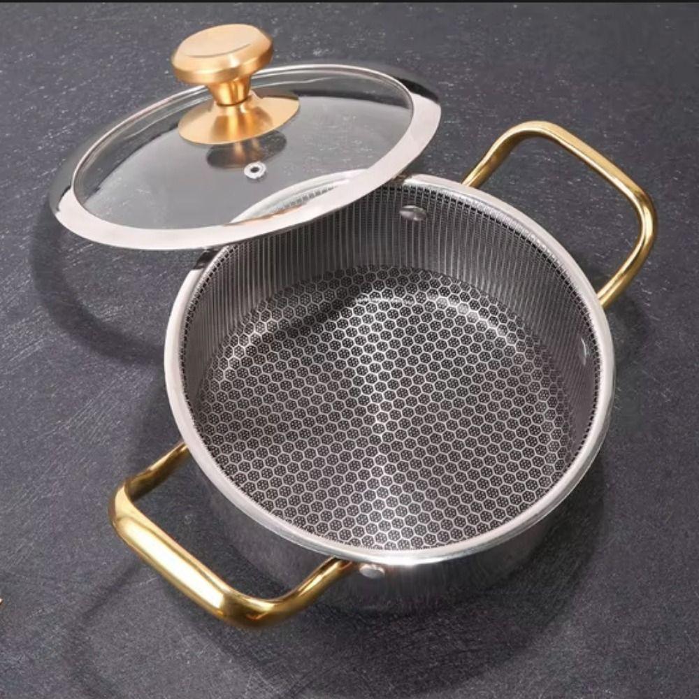 Honeycomb Bottom Non-stick Pot with Glass Lid Slow Cooker Stainless Steel Soup Pot Dormitory