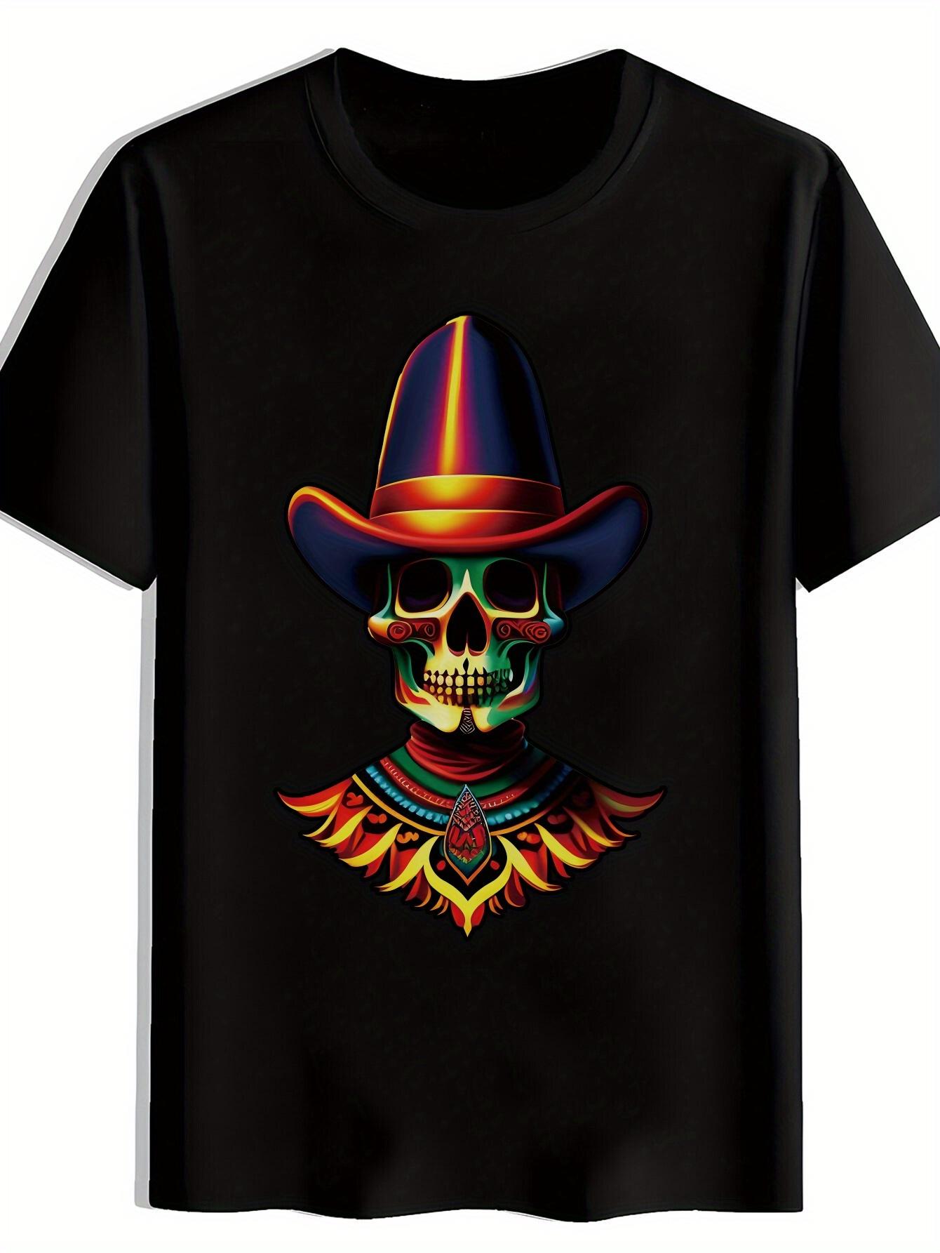 Black T-shirt with Vibrant Mexican-Inspired Skull & Cowboy Hat Design - Short Sleeve S