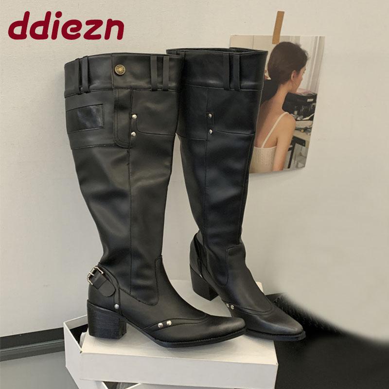 Fashion Fashion Buckle Women Knee High Western Boots With Heels Shoes Female Pointed Toe Footwear Modern Ladies Long Booties Pumps Shoes