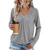 Women's V-neck Pleated Solid Color Casual Long-sleeved Loose T-shirt Top