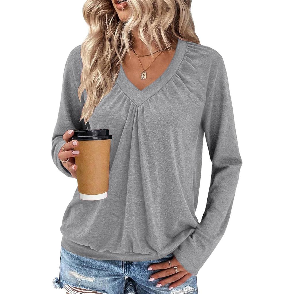 Women's V-neck Pleated Solid Color Casual Long-sleeved Loose T-shirt Top