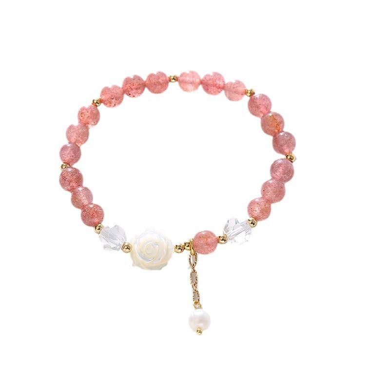 Sweet Pink Strawberry Crystal Camellia Pearl Bracelet Bangles Women Fashion Jewelry Accessories Gift