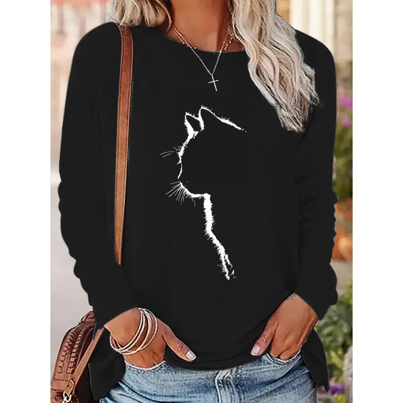 Casual Kawaii Cat Print Fashion Print  Long Sleeve Shirt Vintage T Shirt Women's Print T-Shirt Crew Neck Top Tee Tshirt