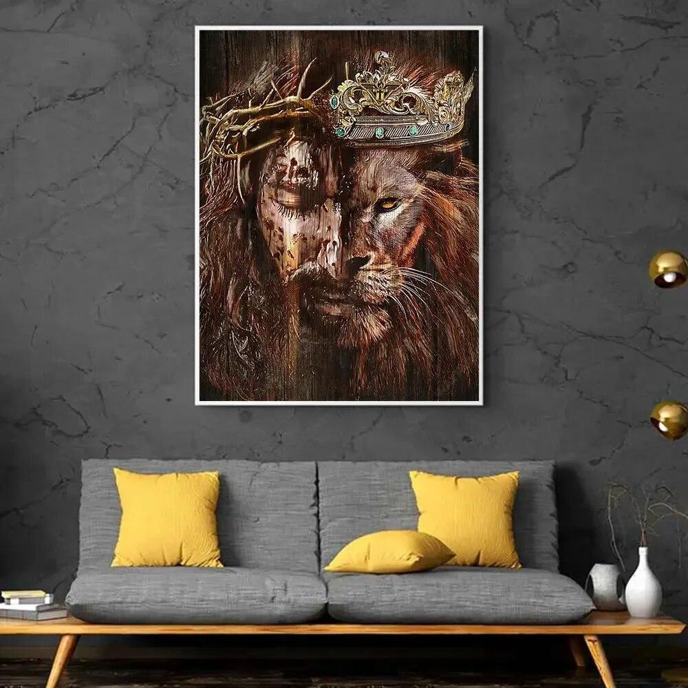Vintage Animal Lion And Jesus Poster Prints Canvas Painting Cross Christian Wall Art Pictures For Religion Room Home Decor Mural