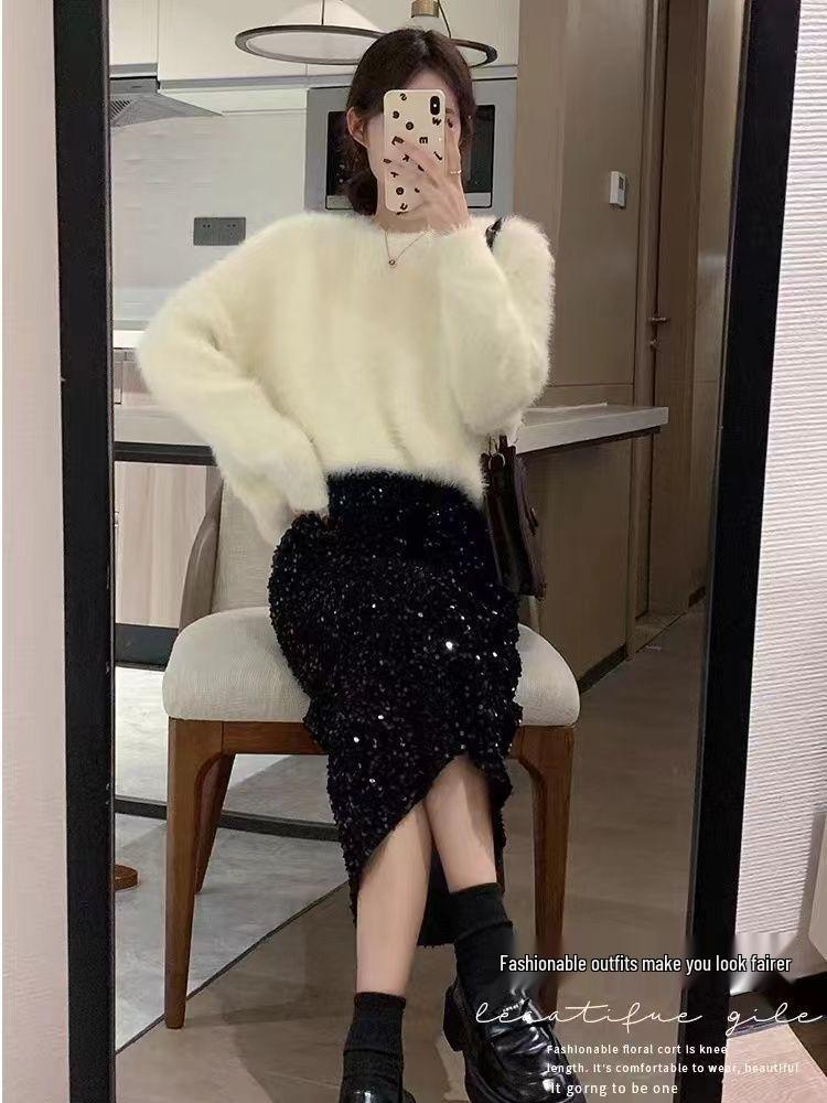 Hoher schwarzer Samt-Pailletten-Rock mit Schlitz für Damen - Beliebter langer Rock für Frühling, Herbst, Winter