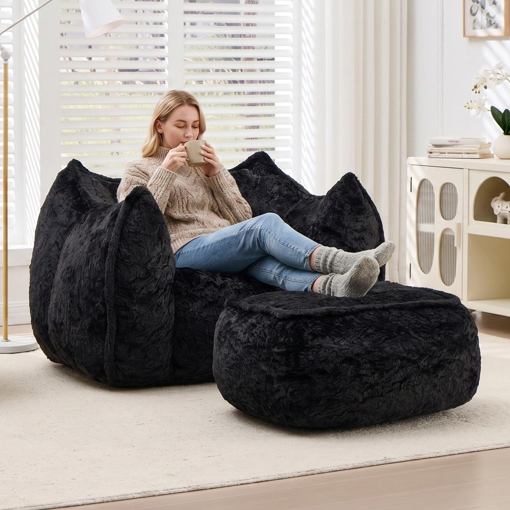 Giant Bean Bag Chair for Adults &Kids Faux Fur Sofa Chairs with Pillow &Ottoman, Comfy Reading & Gaming Beanbag Couch for Bedroom Living Room, Black