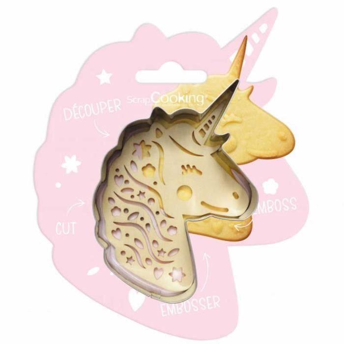 Kit pour biscuit en relief - Licorne - Inox et bois naturel - Découpoir et embosseur - Dimensions 6,8 x 9,6 cm