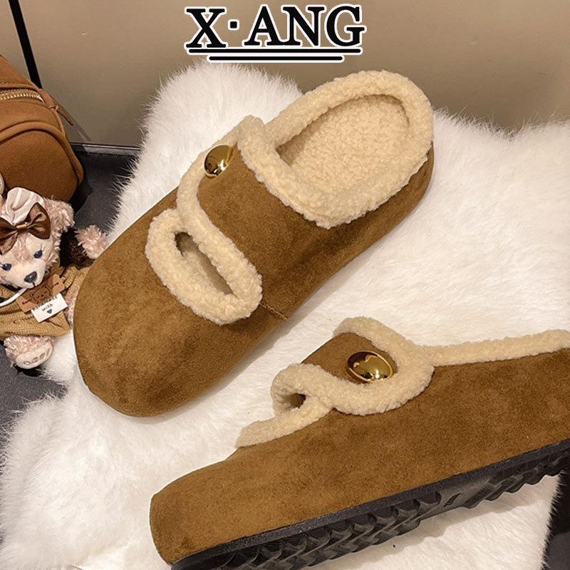 Cowhide Version Velvet Warm Lamb Wool Shoes Cotton Shoes Autumn and Winter New Thick-soled Bag Head Slippers