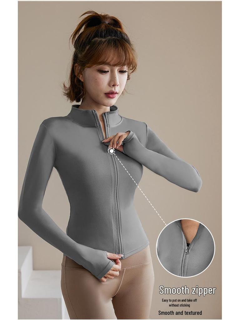 Women's Quick-Dry Zip-Up Sports Jacket with Stand Collar and Long Sleeves for Running and Yoga