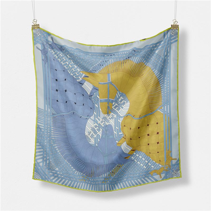 Twill Silk Scarf Woman Double Horse Print Square Scarves Wraps Bandana Small Hijab Foulards Lady Tie Headband Neckerchief 53CM