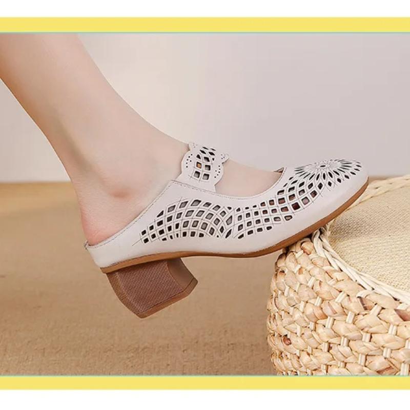 Johnature Mid Heel Slippers Ethnic Style Genuine Leather Hollow Out Breathable Women's Shoes