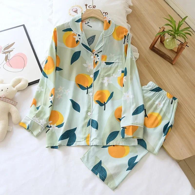 Spring and Summer 100% Viscose Pajamas Two-piece Long-sleeved Trousers Women's Flowers Comfortable Plus Size Homewear Suit