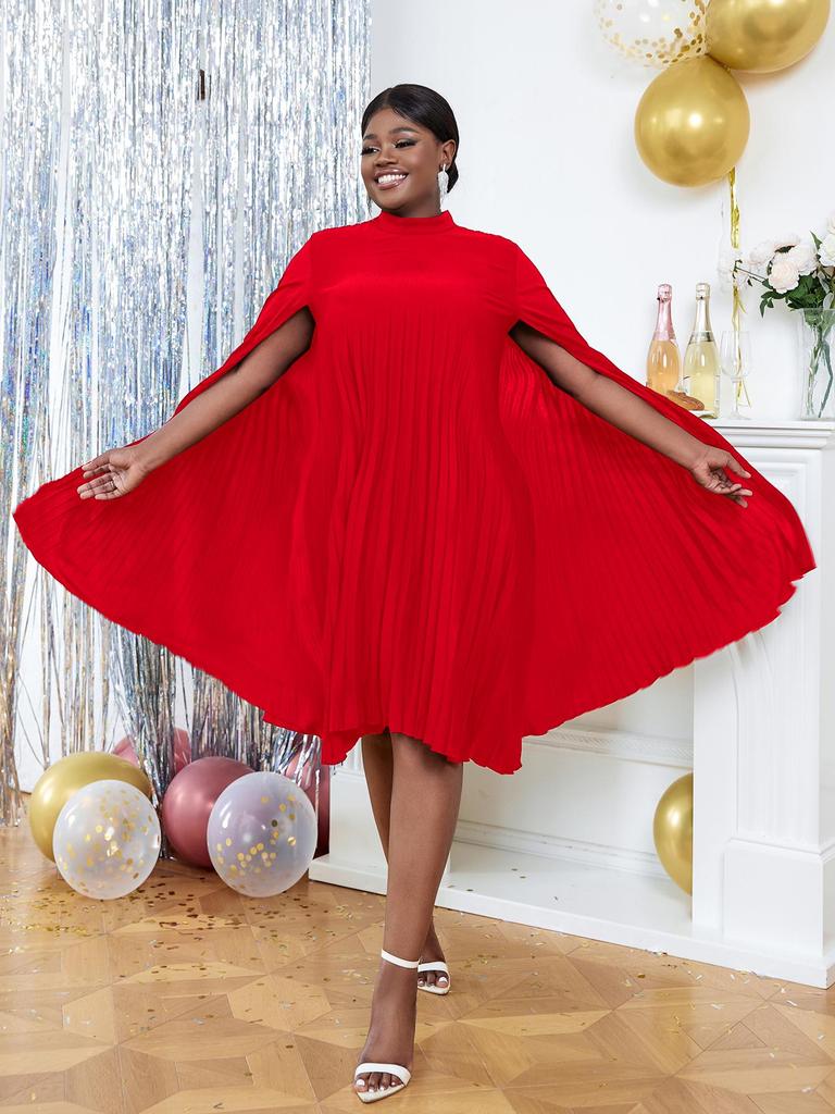 AOMEI Party Dresses for Women Stand Collar Pleated Cape Sleeve Loose Midi Dresses Elegant Lady Evening Wedding Birthday Events Red Outfit