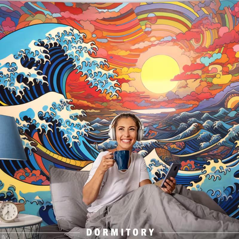 2D Printing Psychedelic Great Wave Tapestry for Wall Decoration