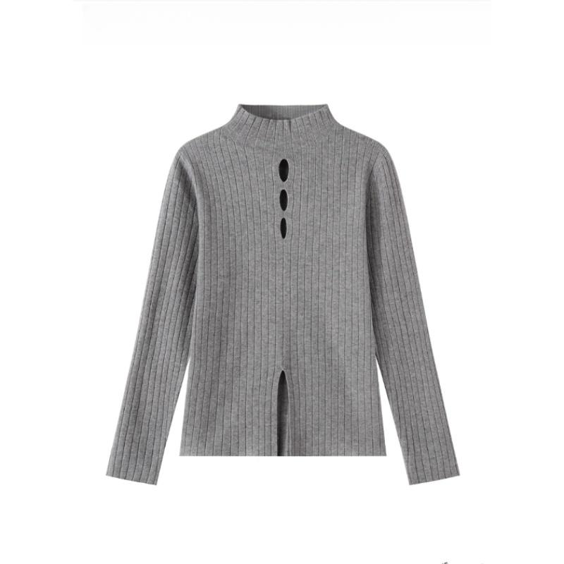 Semi-high Neck, Cut-out Long-sleeved Knitted Sweater, A New Early Autumn Style for Women with A Spicy Girl Look, A Slimming and Unique Sweater Top