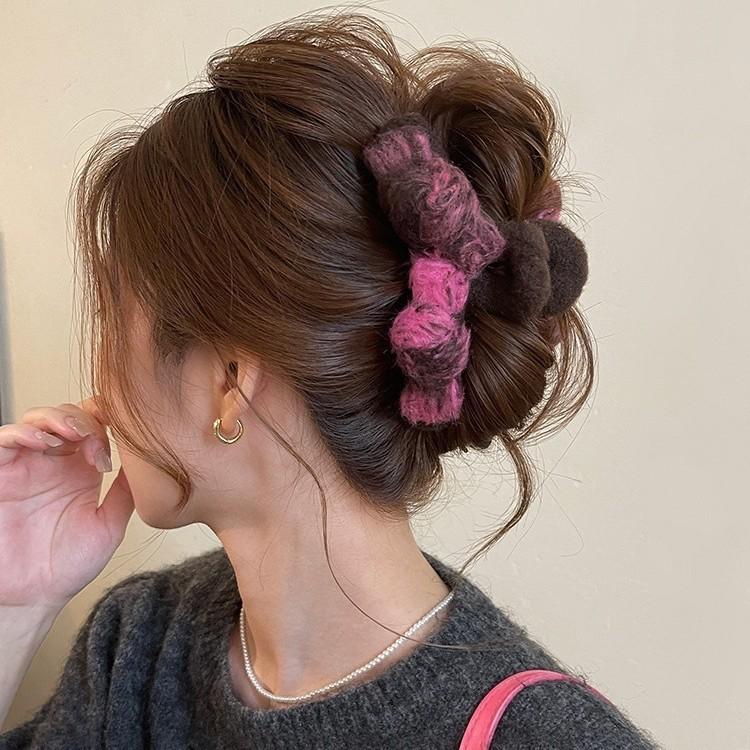 Double Layer Bow Plush Colorblock Claw Clip - Large Autumn/Winter Hair Accessory